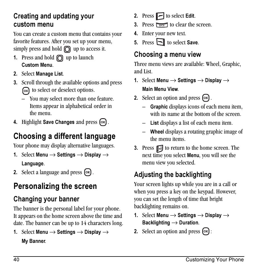 Choosing a different language, Personalizing the screen, Creating and updating your custom menu | Changing your banner, Choosing a menu view, Adjusting the backlighting | Kyocera KX5 User Manual | Page 48 / 80