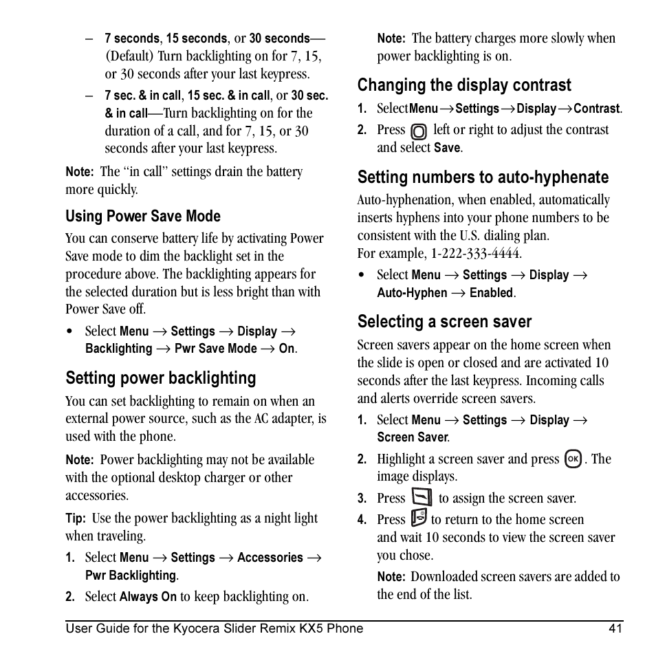 Setting power backlighting, Changing the display contrast, Setting numbers to auto-hyphenate | Selecting a screen saver | Kyocera KX5 User Manual | Page 49 / 80