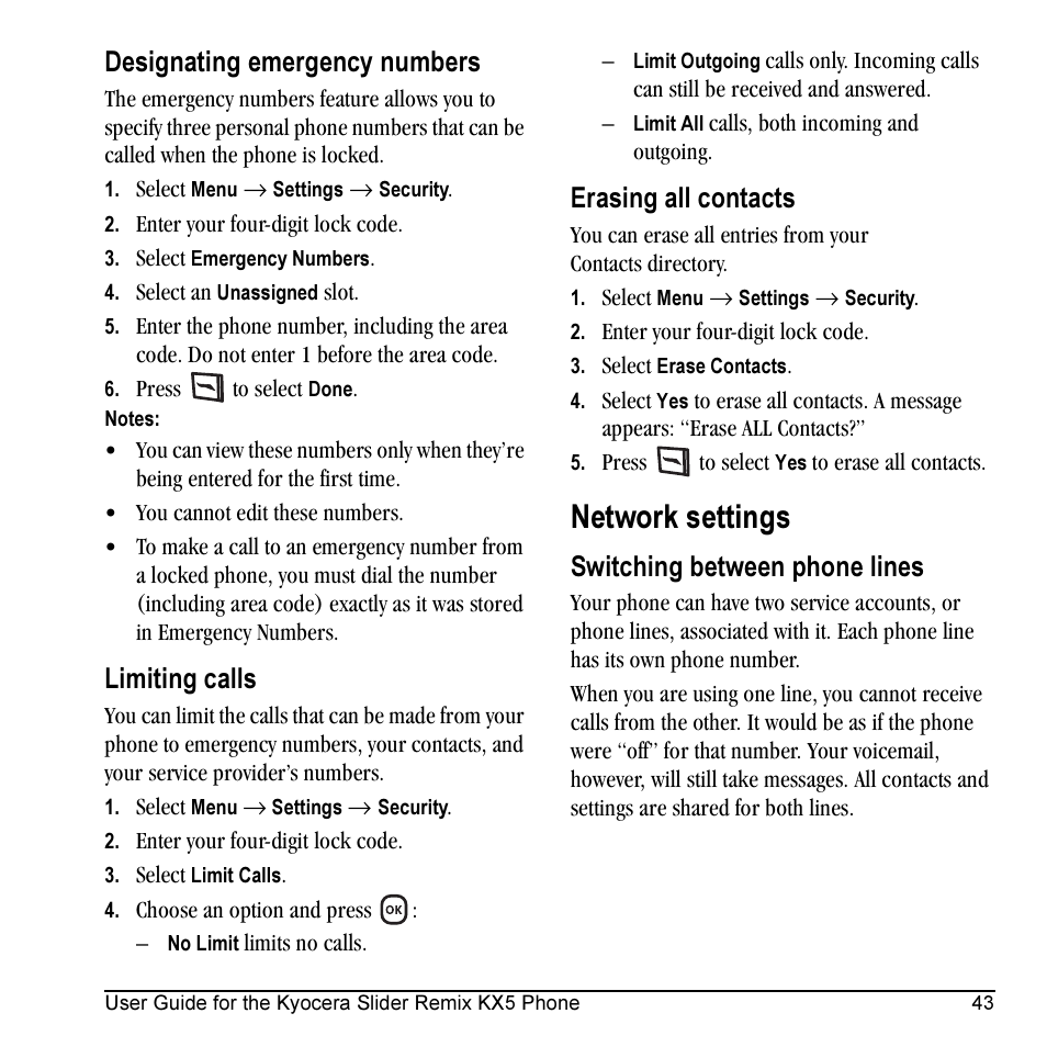 Network settings, Designating emergency numbers, Limiting calls | Erasing all contacts, Switching between phone lines | Kyocera KX5 User Manual | Page 51 / 80
