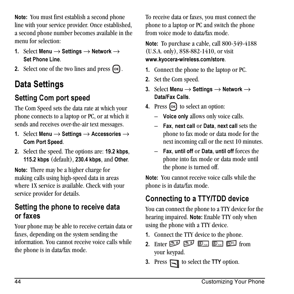 Data settings, Setting com port speed, Setting the phone to receive data or faxes | Connecting to a tty/tdd device | Kyocera KX5 User Manual | Page 52 / 80