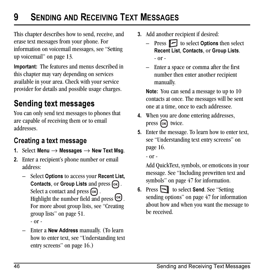 Sending text messages, Ending, Eceiving | Essages, Creating a text message | Kyocera KX5 User Manual | Page 54 / 80