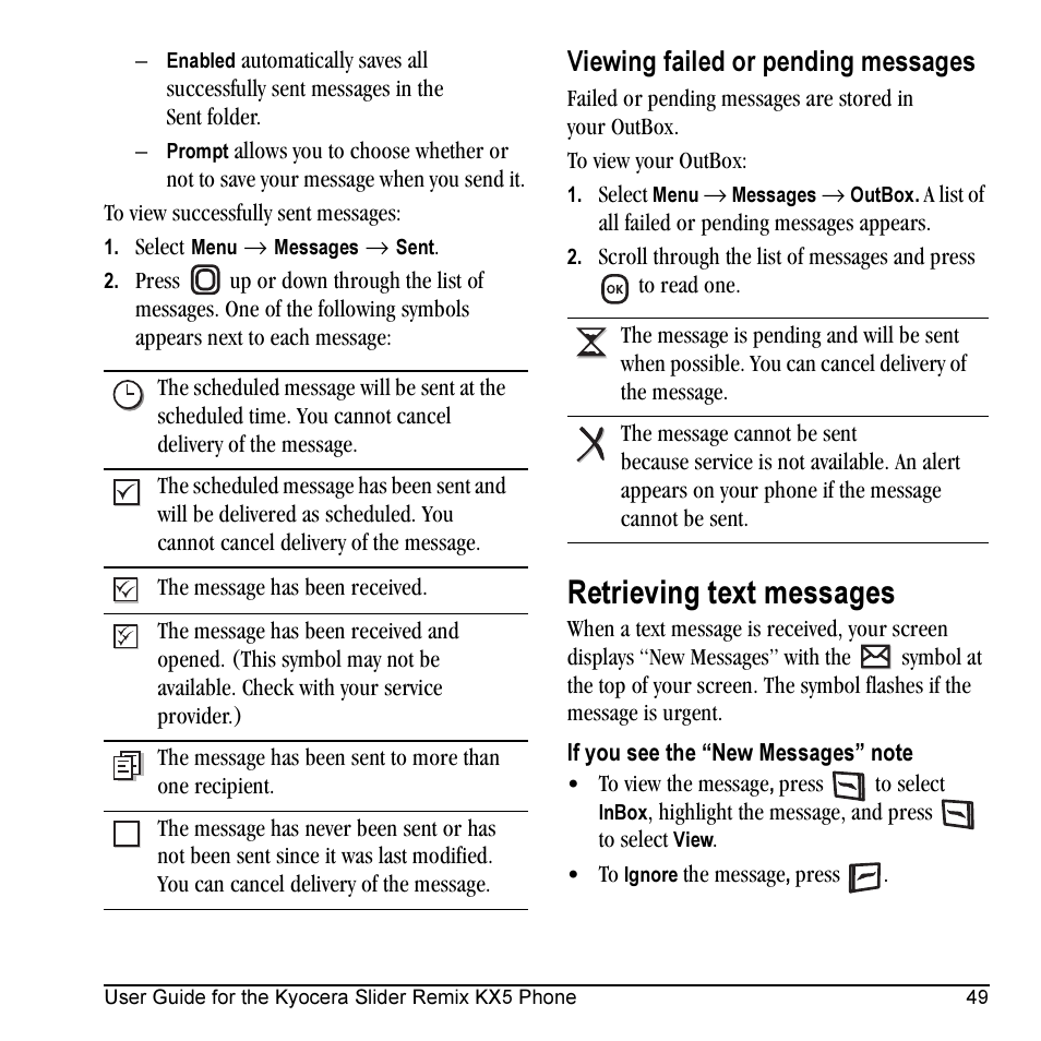 Retrieving text messages, Viewing failed or pending messages | Kyocera KX5 User Manual | Page 57 / 80