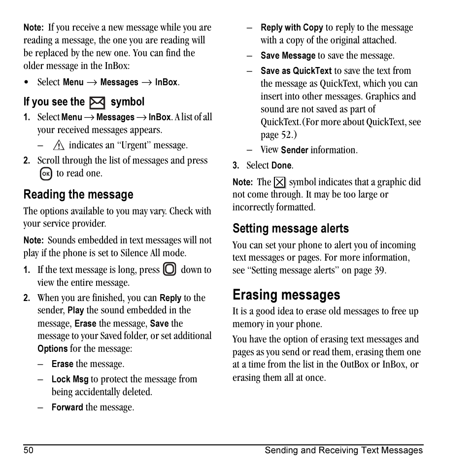Erasing messages, Reading the message, Setting message alerts | Kyocera KX5 User Manual | Page 58 / 80