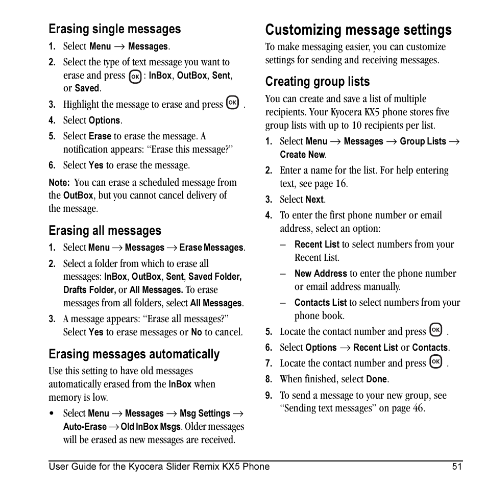 Customizing message settings, Erasing single messages, Erasing all messages | Erasing messages automatically, Creating group lists | Kyocera KX5 User Manual | Page 59 / 80