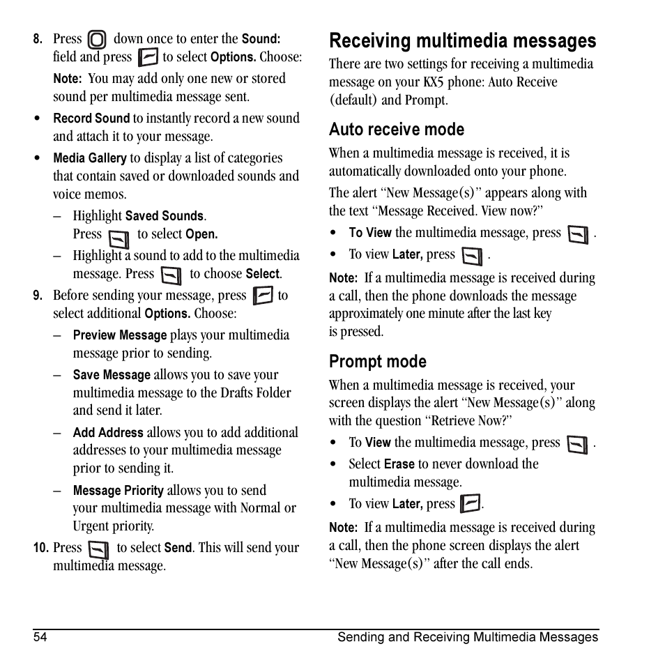 Receiving multimedia messages, Auto receive mode, Prompt mode | Kyocera KX5 User Manual | Page 62 / 80