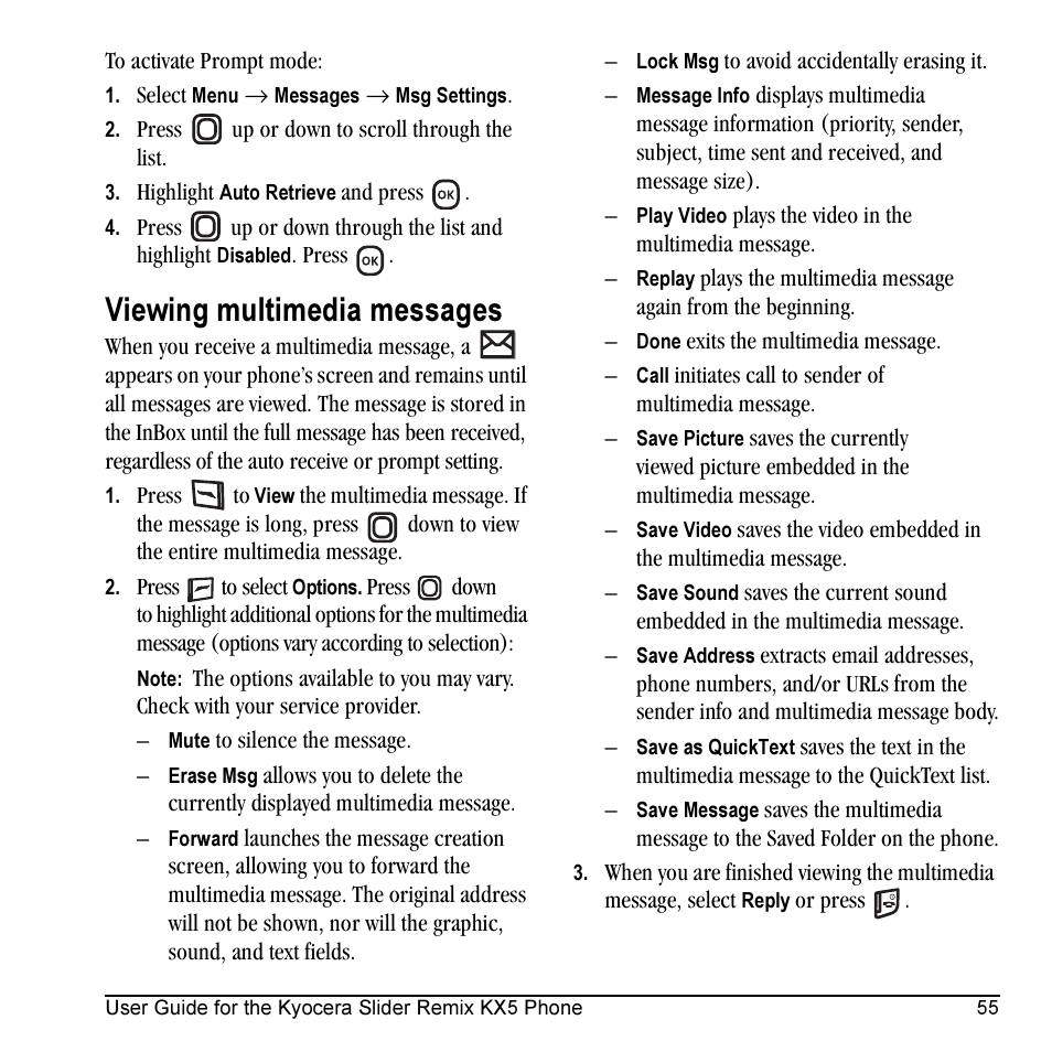 Viewing multimedia messages | Kyocera KX5 User Manual | Page 63 / 80