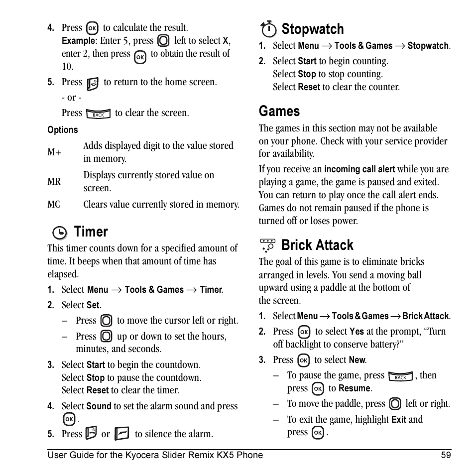 Timer, Stopwatch, Games | Brick attack | Kyocera KX5 User Manual | Page 67 / 80