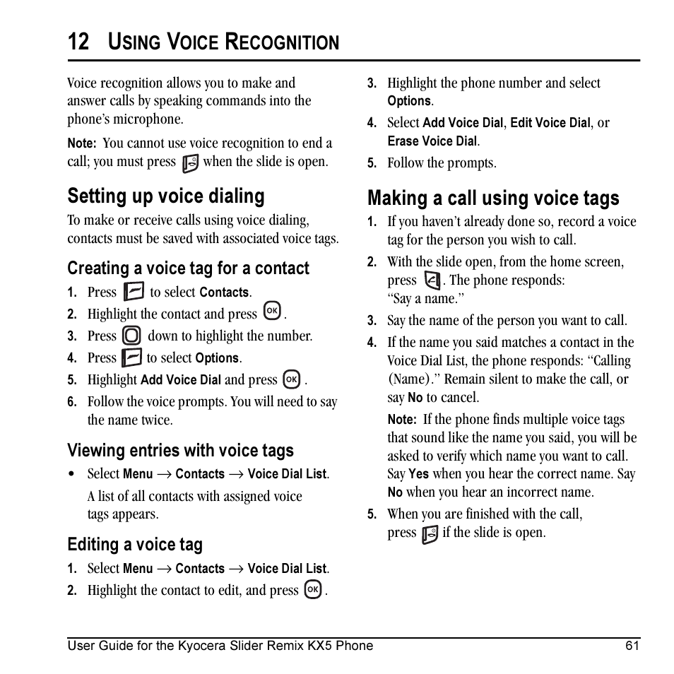 12 u, Setting up voice dialing, Making a call using voice tags | Sing, Oice, Ecognition, Creating a voice tag for a contact, Viewing entries with voice tags, Editing a voice tag | Kyocera KX5 User Manual | Page 69 / 80