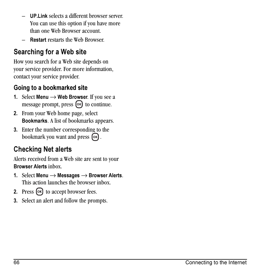 Searching for a web site, Checking net alerts | Kyocera KX5 User Manual | Page 74 / 80