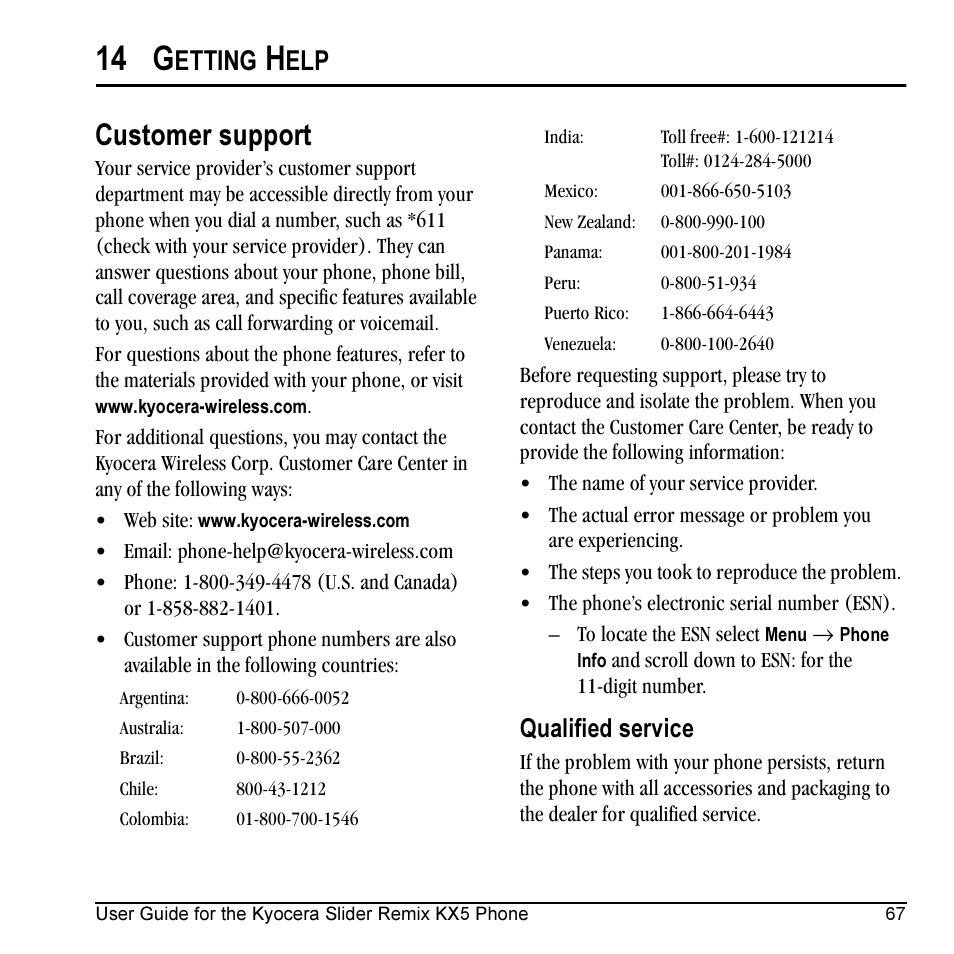 14 g, Customer support, Etting | Qualified service | Kyocera KX5 User Manual | Page 75 / 80