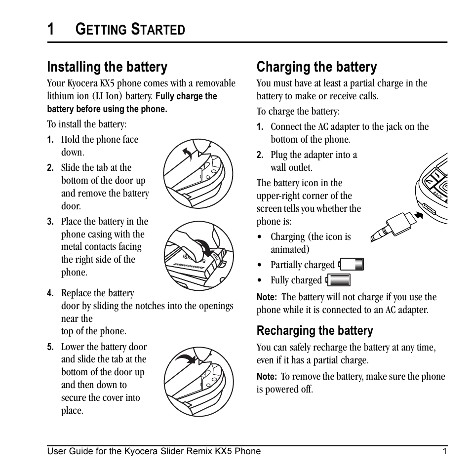 Installing the battery, Charging the battery, Etting | Tarted, Recharging the battery | Kyocera KX5 User Manual | Page 9 / 80