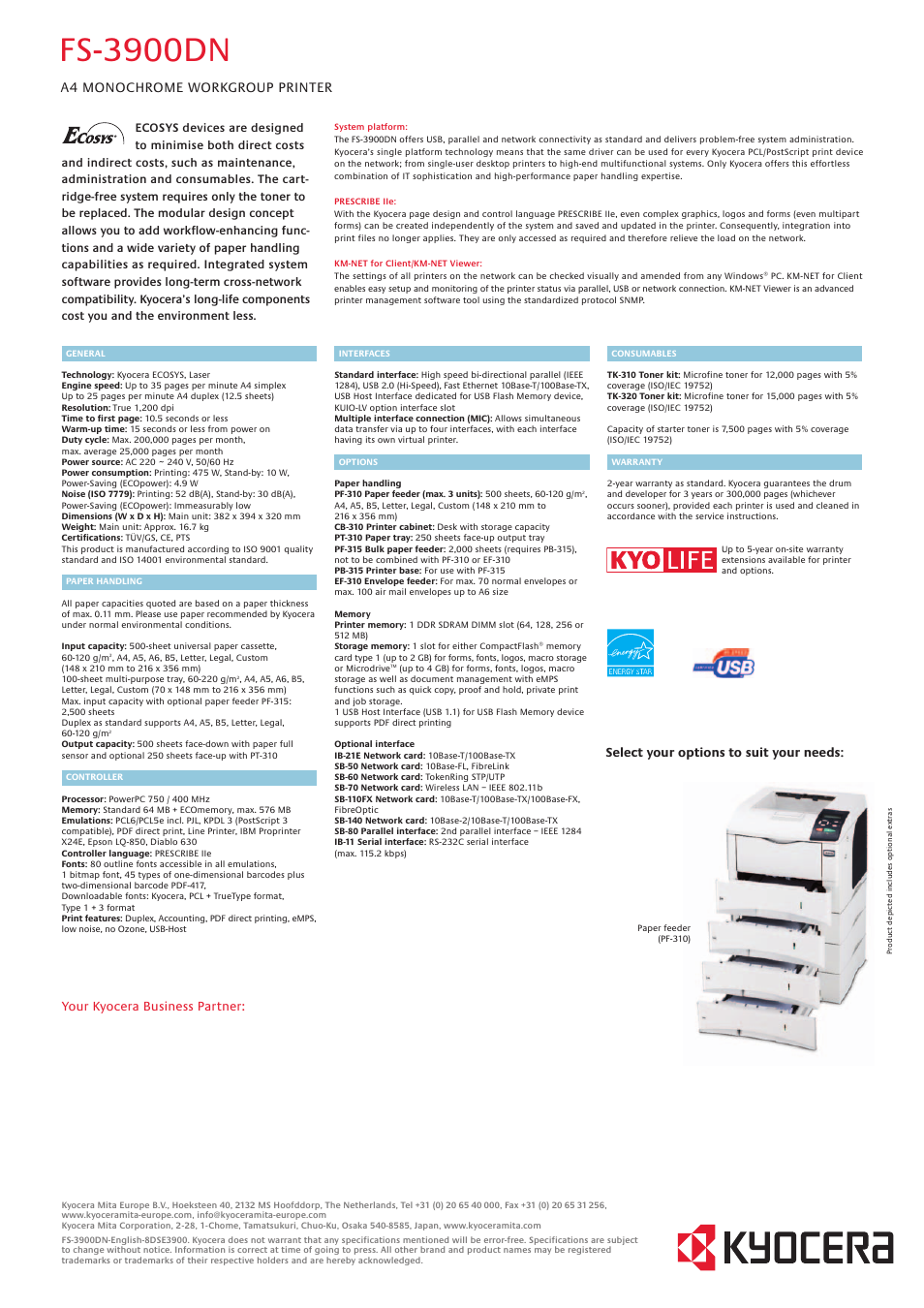 Fs-3900dn, A4 monochrome workgroup printer, Your kyocera business partner | Select your options to suit your needs | Kyocera FS-3900DN  A4 User Manual | Page 2 / 2