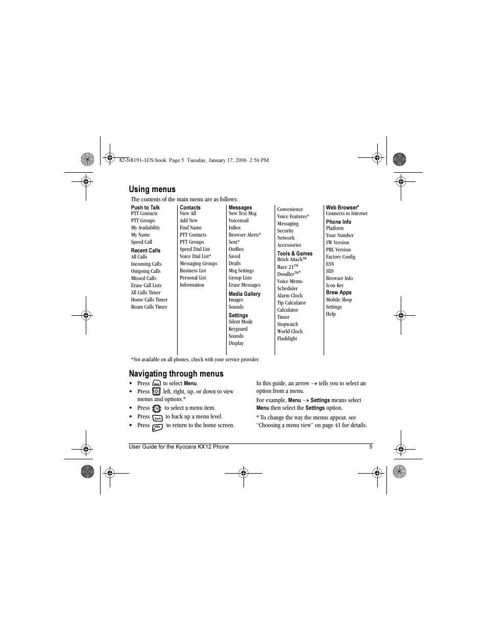 Using menus navigating through menus | Kyocera KX12 User Manual | Page 13 / 72