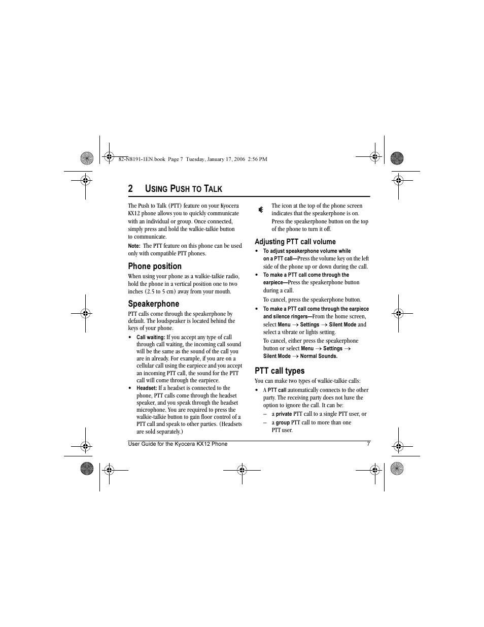 Phone position, Speakerphone, Ptt call types | Kyocera KX12 User Manual | Page 15 / 72
