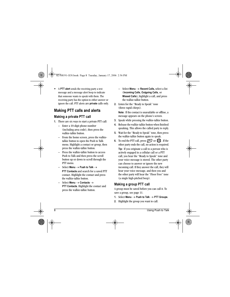 Making ptt calls and alerts | Kyocera KX12 User Manual | Page 16 / 72