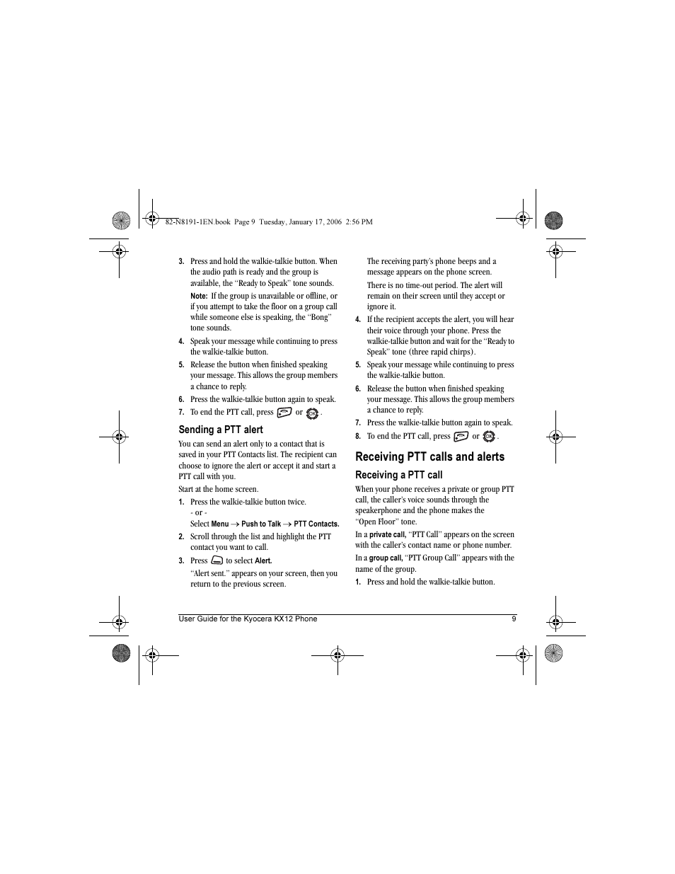 Receiving ptt calls and alerts | Kyocera KX12 User Manual | Page 17 / 72