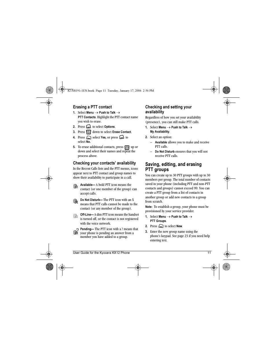 Saving, editing, and erasing ptt groups | Kyocera KX12 User Manual | Page 19 / 72