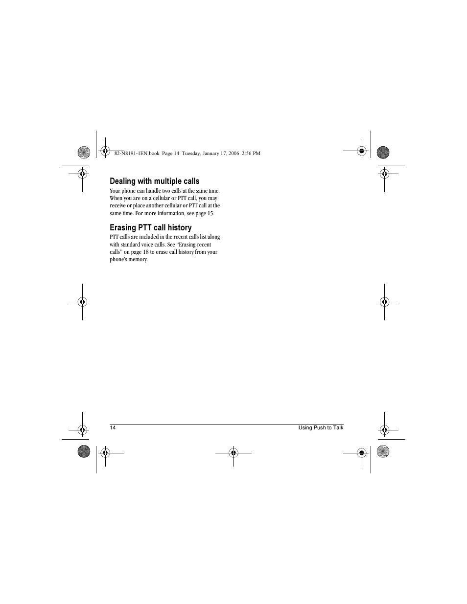 Dealing with multiple calls, Erasing ptt call history | Kyocera KX12 User Manual | Page 22 / 72
