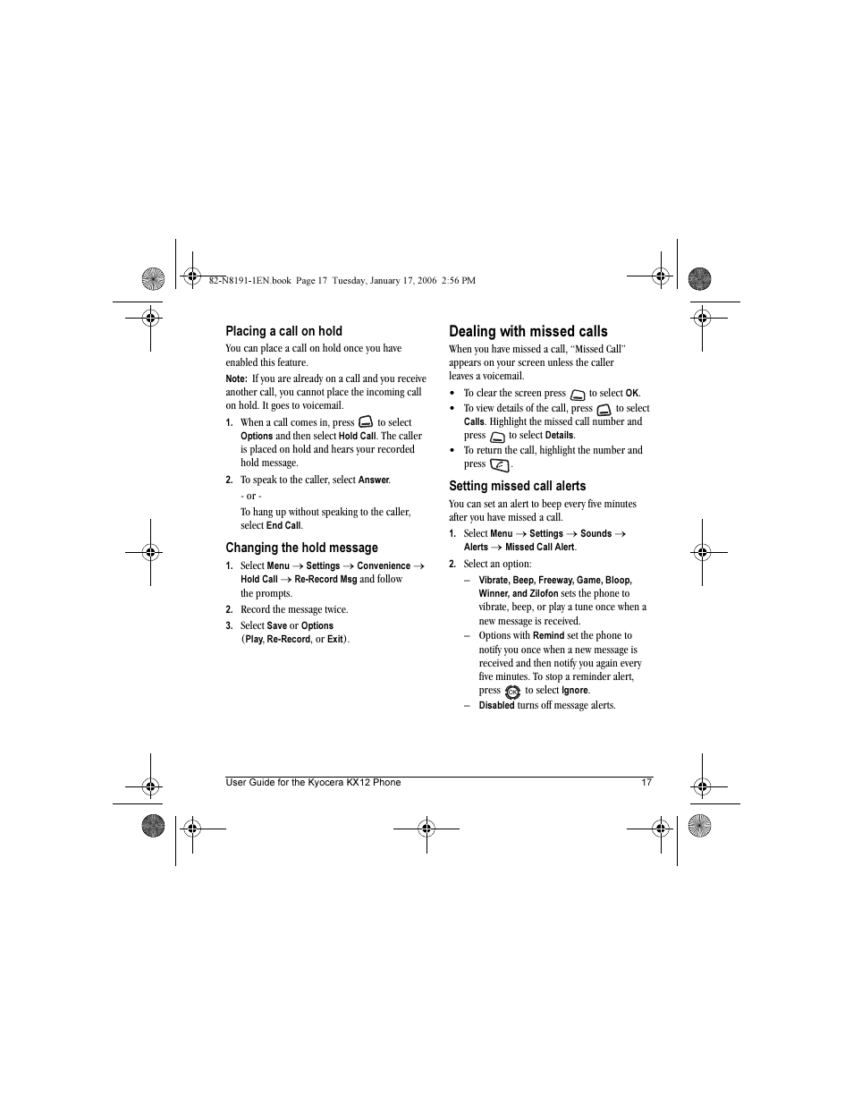 Dealing with missed calls | Kyocera KX12 User Manual | Page 25 / 72