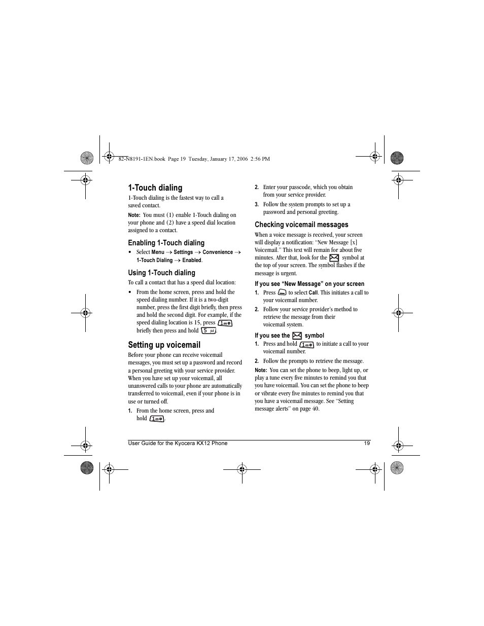 Touch dialing, Setting up voicemail | Kyocera KX12 User Manual | Page 27 / 72