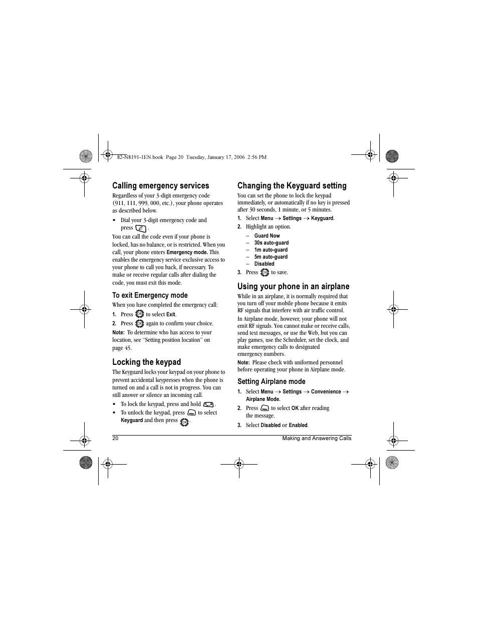 Calling emergency services, Locking the keypad, Changing the keyguard setting | Using your phone in an airplane | Kyocera KX12 User Manual | Page 28 / 72