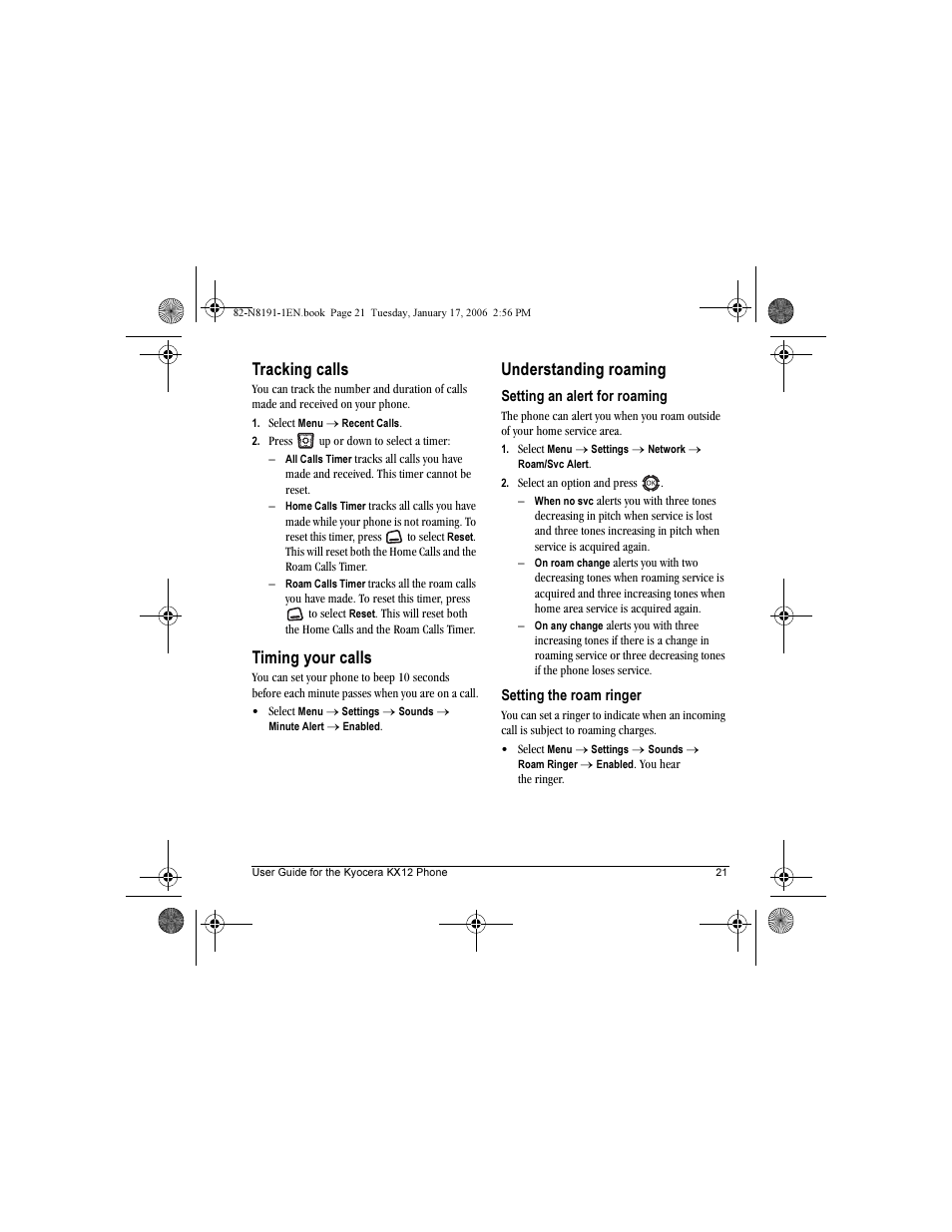 Tracking calls, Timing your calls, Understanding roaming | Kyocera KX12 User Manual | Page 29 / 72
