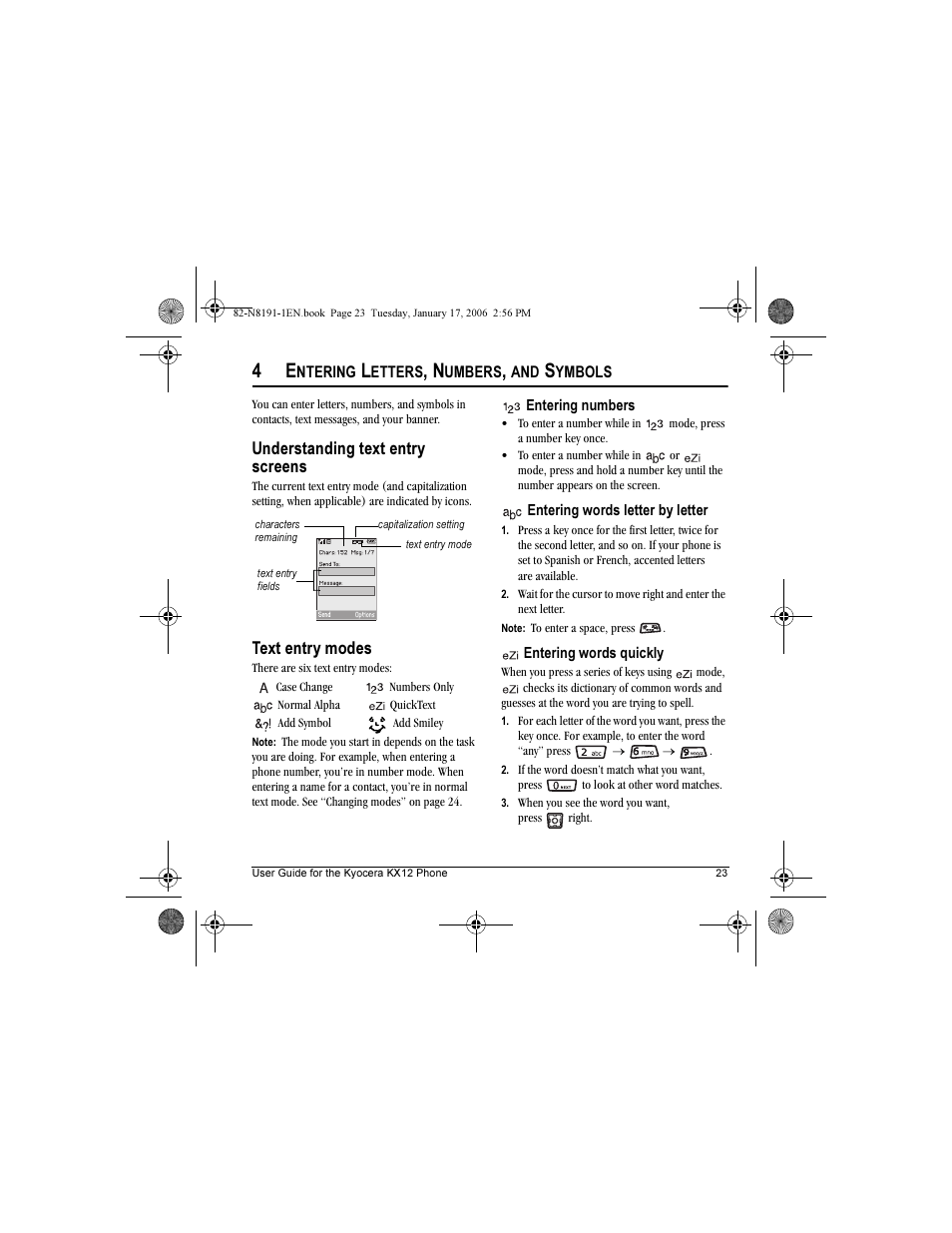Understanding text entry screens, Text entry modes | Kyocera KX12 User Manual | Page 31 / 72