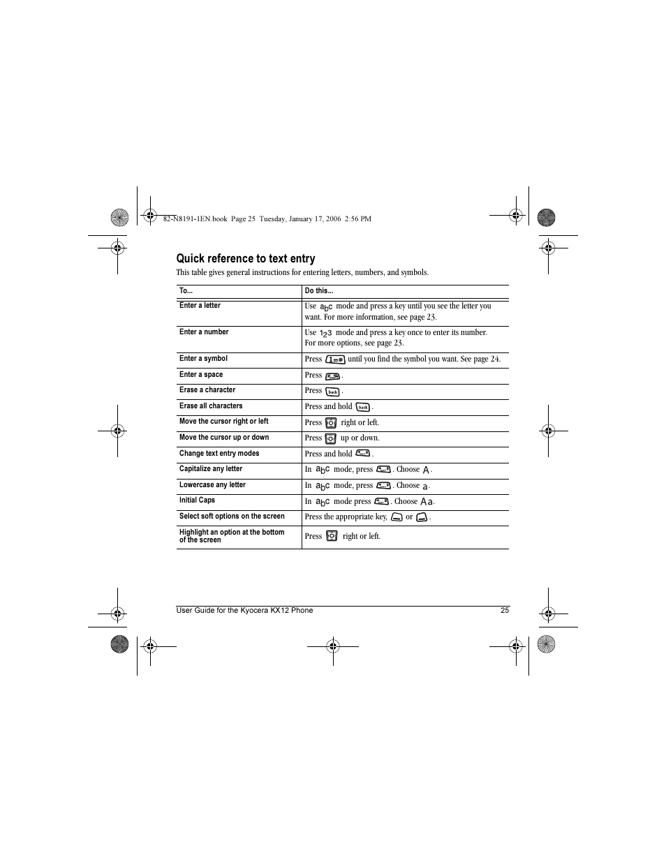 Quick reference to text entry | Kyocera KX12 User Manual | Page 33 / 72