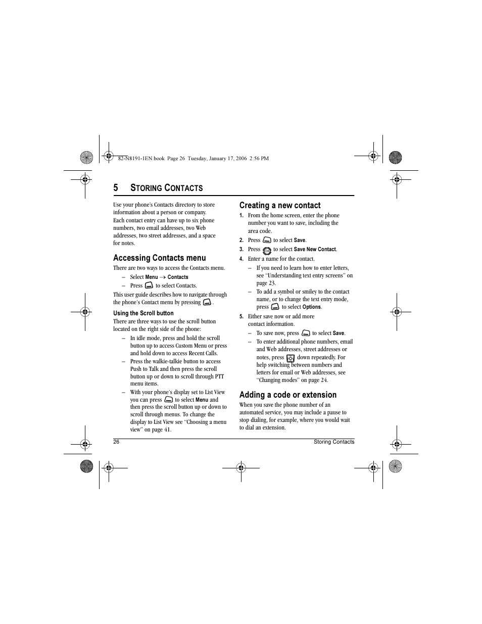 Accessing contacts menu, Creating a new contact, Adding a code or extension | Kyocera KX12 User Manual | Page 34 / 72