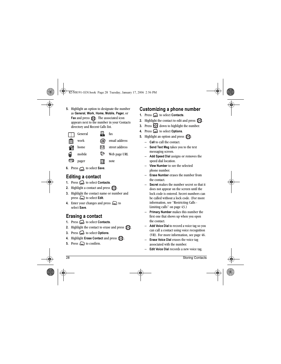Editing a contact, Erasing a contact, Customizing a phone number | Kyocera KX12 User Manual | Page 36 / 72