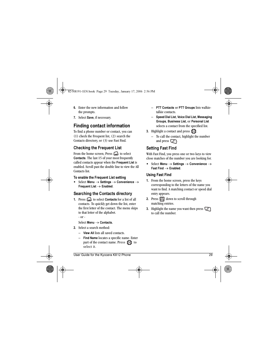 Finding contact information | Kyocera KX12 User Manual | Page 37 / 72