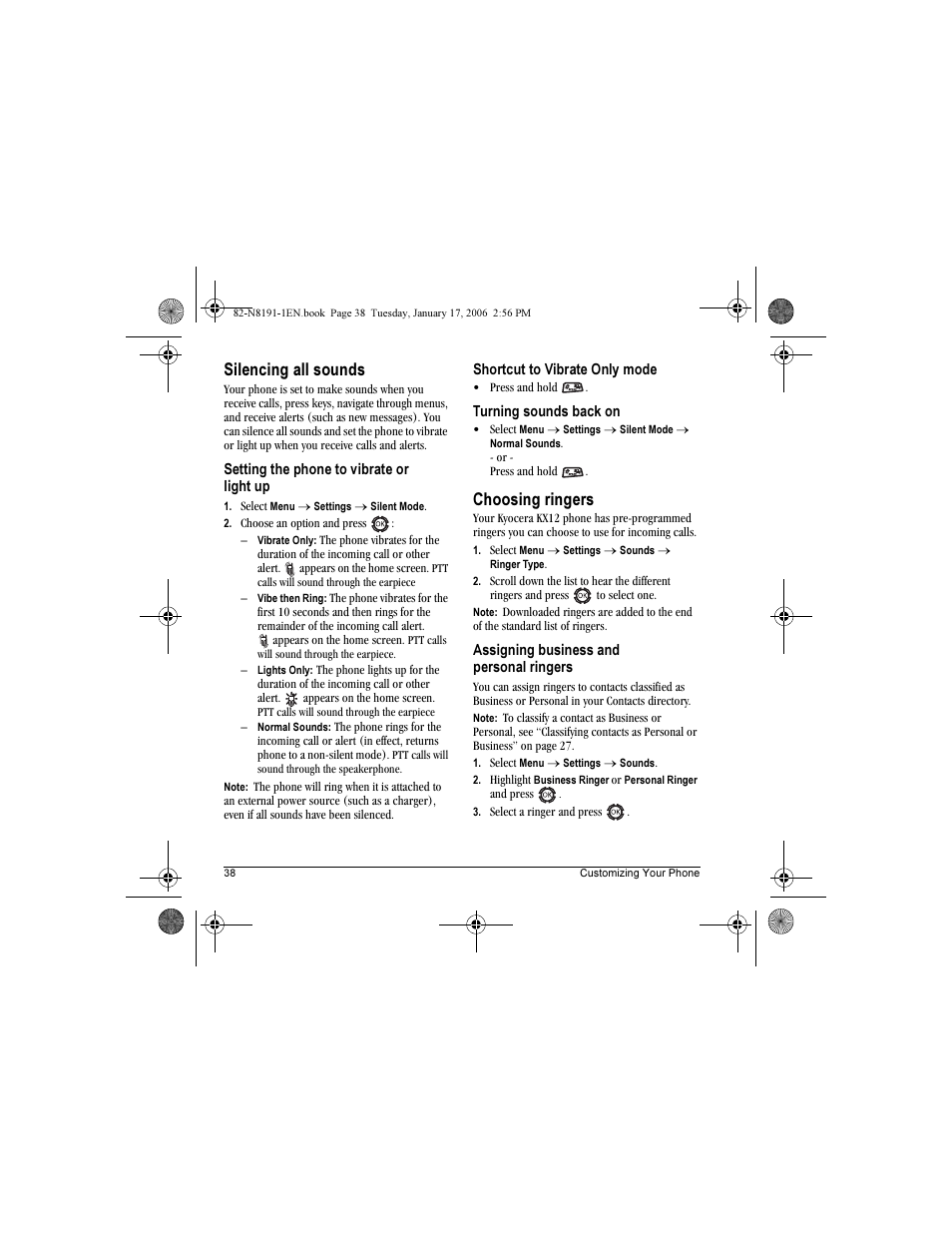 Silencing all sounds, Choosing ringers | Kyocera KX12 User Manual | Page 46 / 72