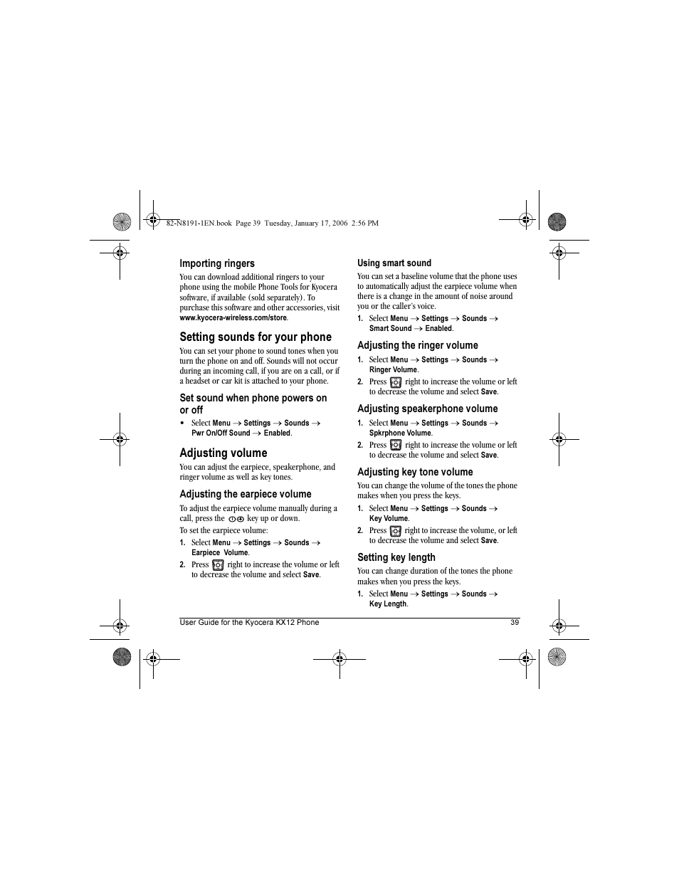 Setting sounds for your phone, Adjusting volume | Kyocera KX12 User Manual | Page 47 / 72