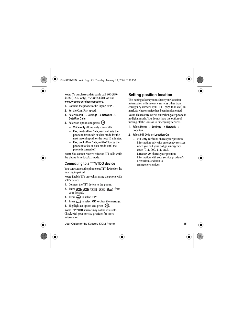 Setting position location | Kyocera KX12 User Manual | Page 53 / 72