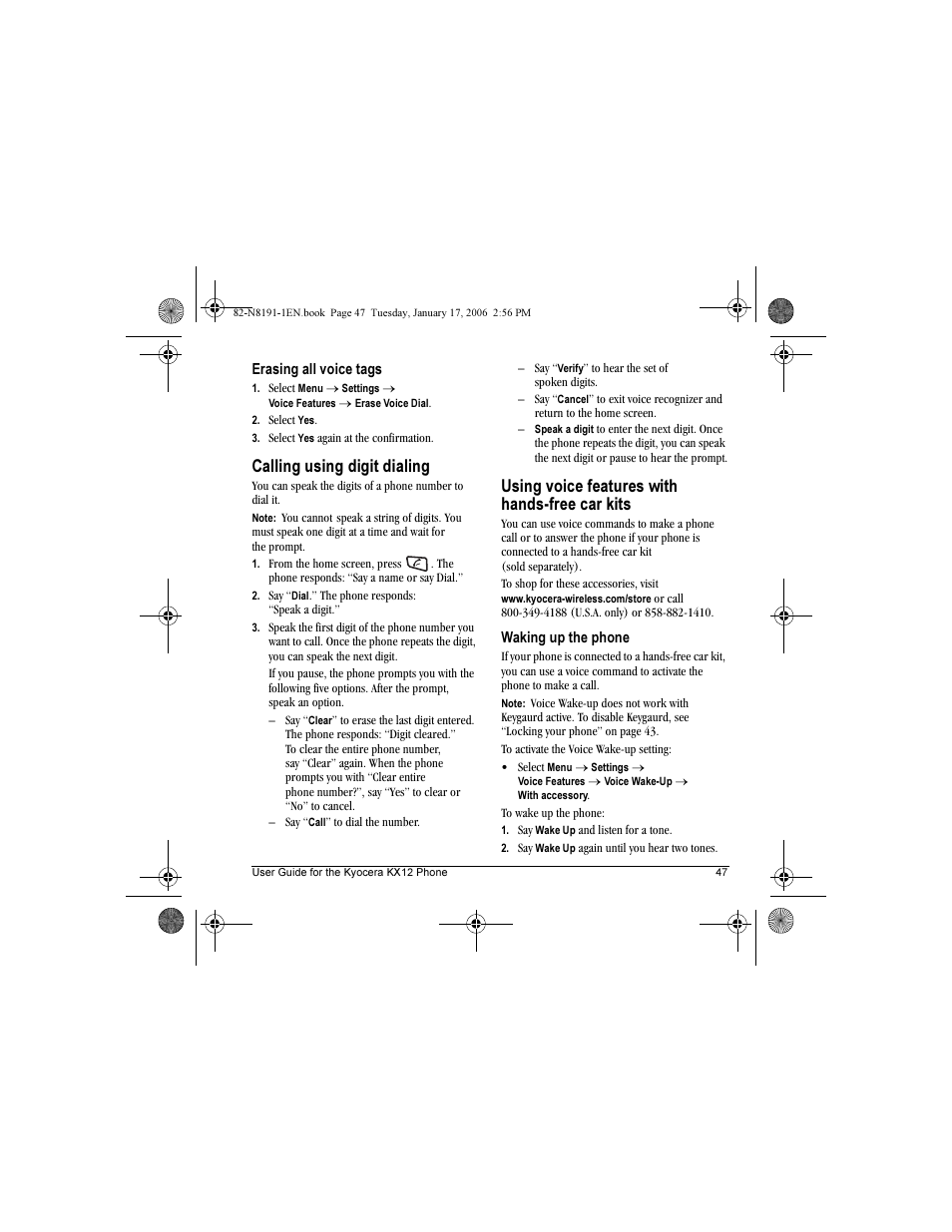 Calling using digit dialing, Using voice features with hands-free car kits | Kyocera KX12 User Manual | Page 55 / 72