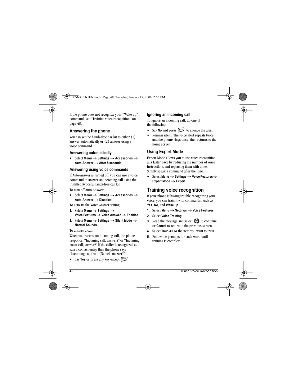 Training voice recognition | Kyocera KX12 User Manual | Page 56 / 72