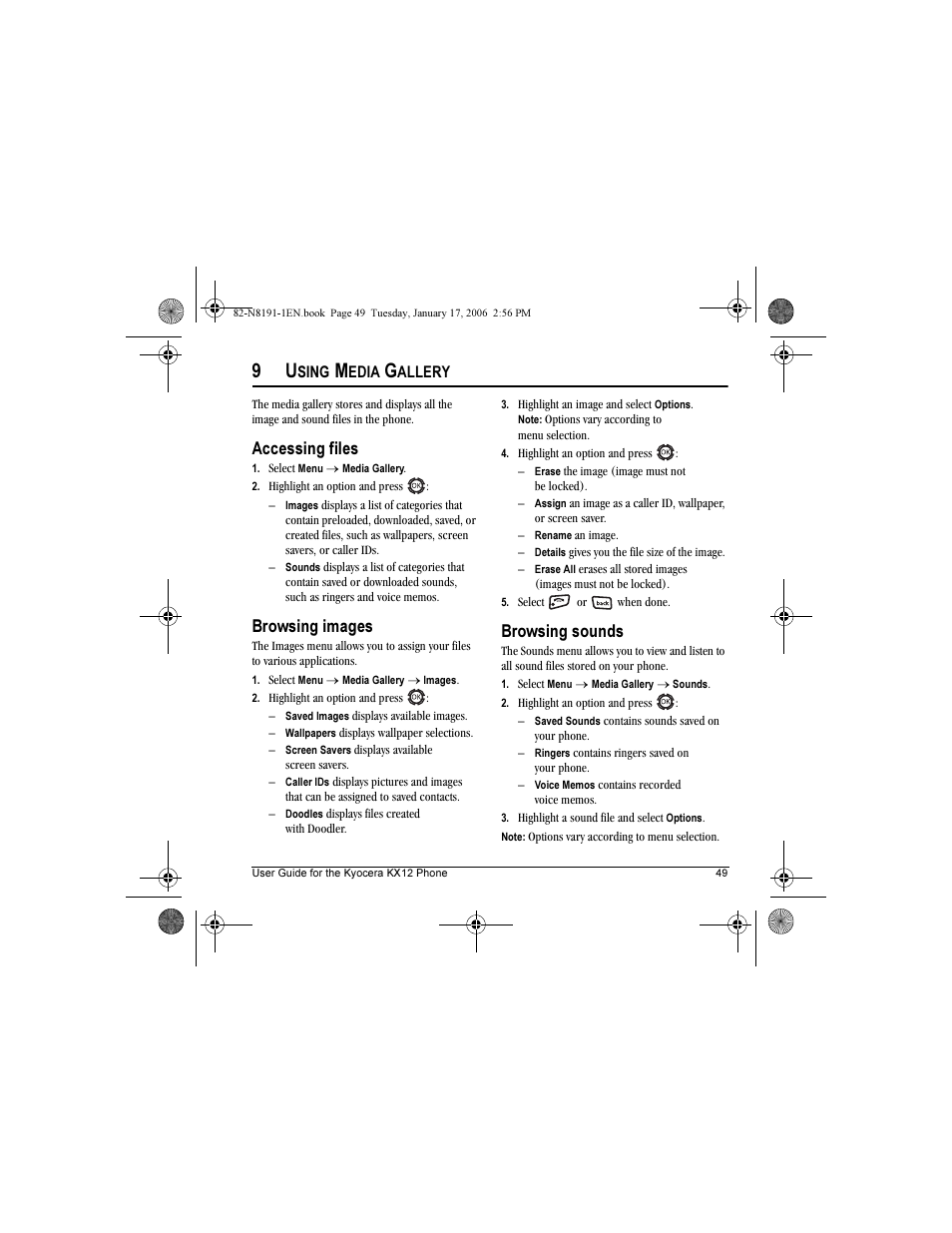 Accessing files, Browsing images, Browsing sounds | Kyocera KX12 User Manual | Page 57 / 72