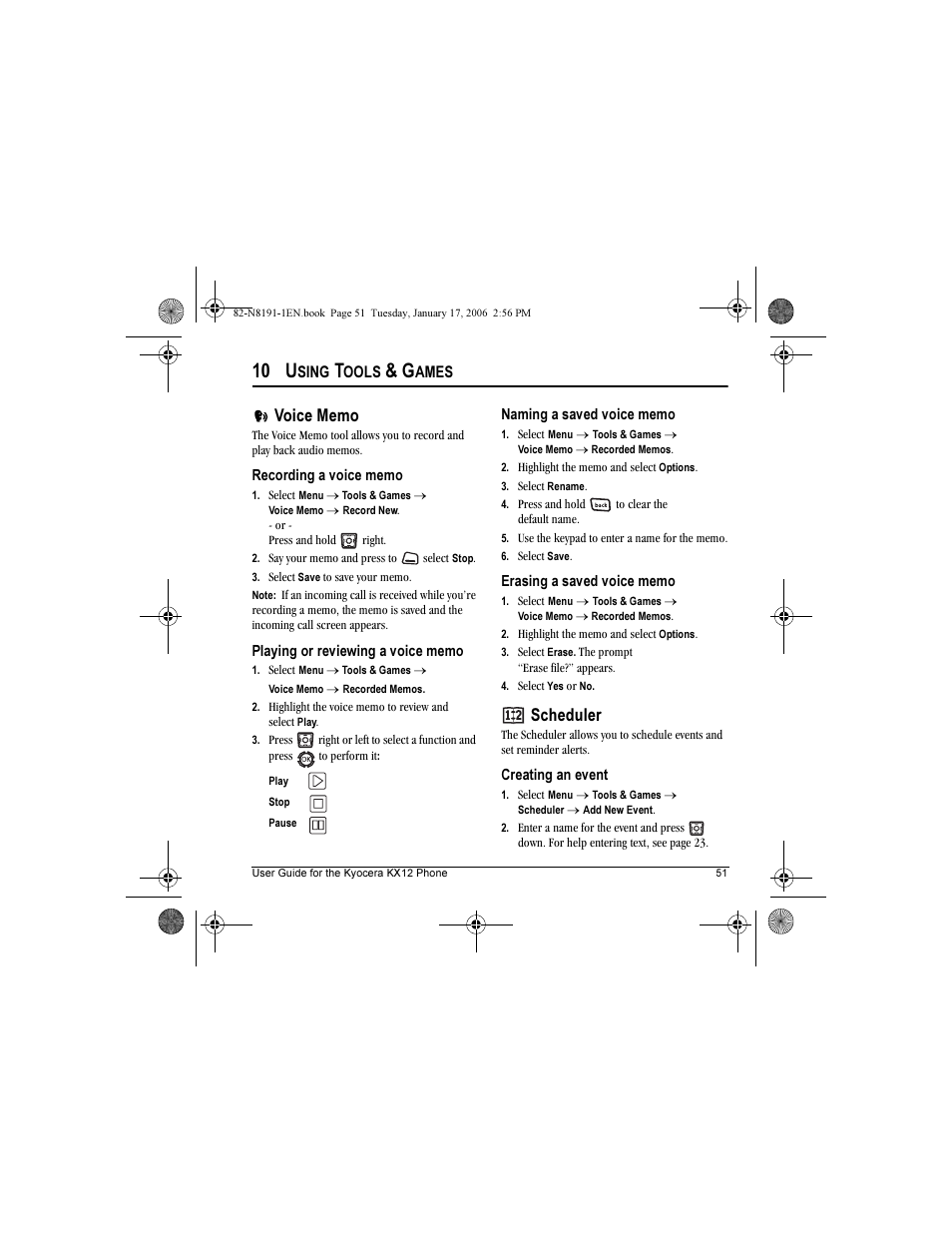 10 u, Scheduler, Sing | Ools, Ames | Kyocera KX12 User Manual | Page 59 / 72