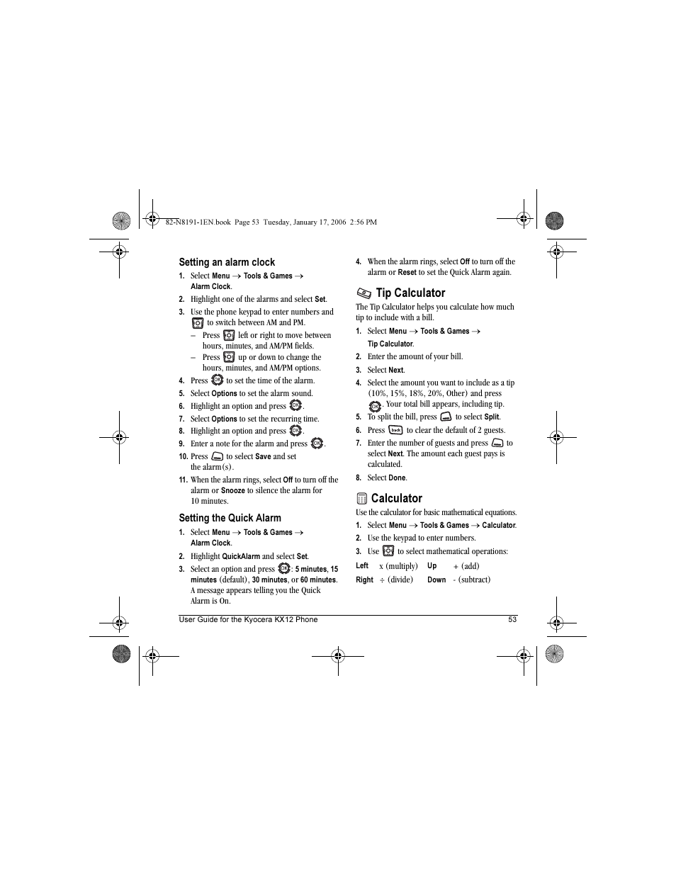 Tip calculator, Calculator | Kyocera KX12 User Manual | Page 61 / 72