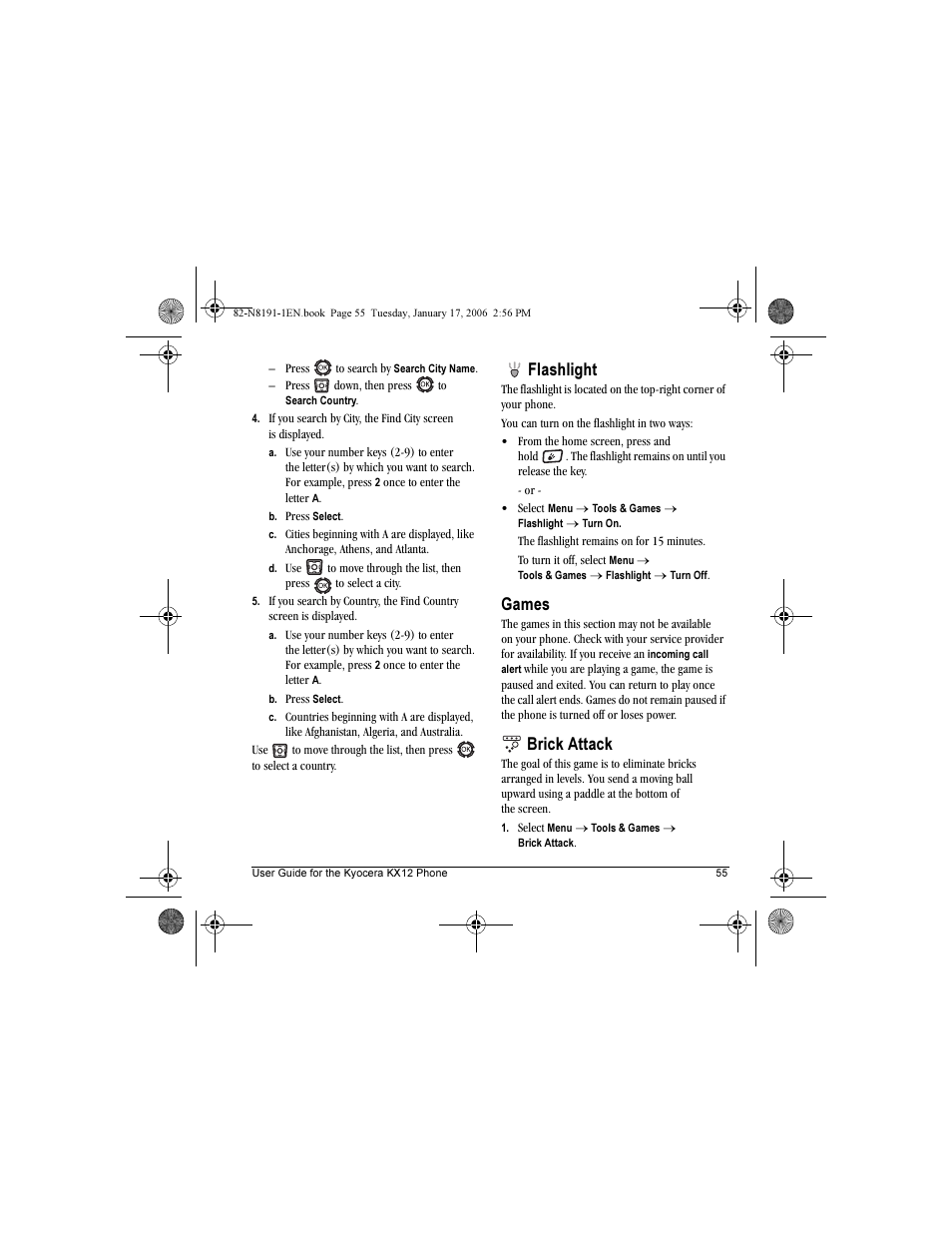 Flashlight, Games, Brick attack | Kyocera KX12 User Manual | Page 63 / 72