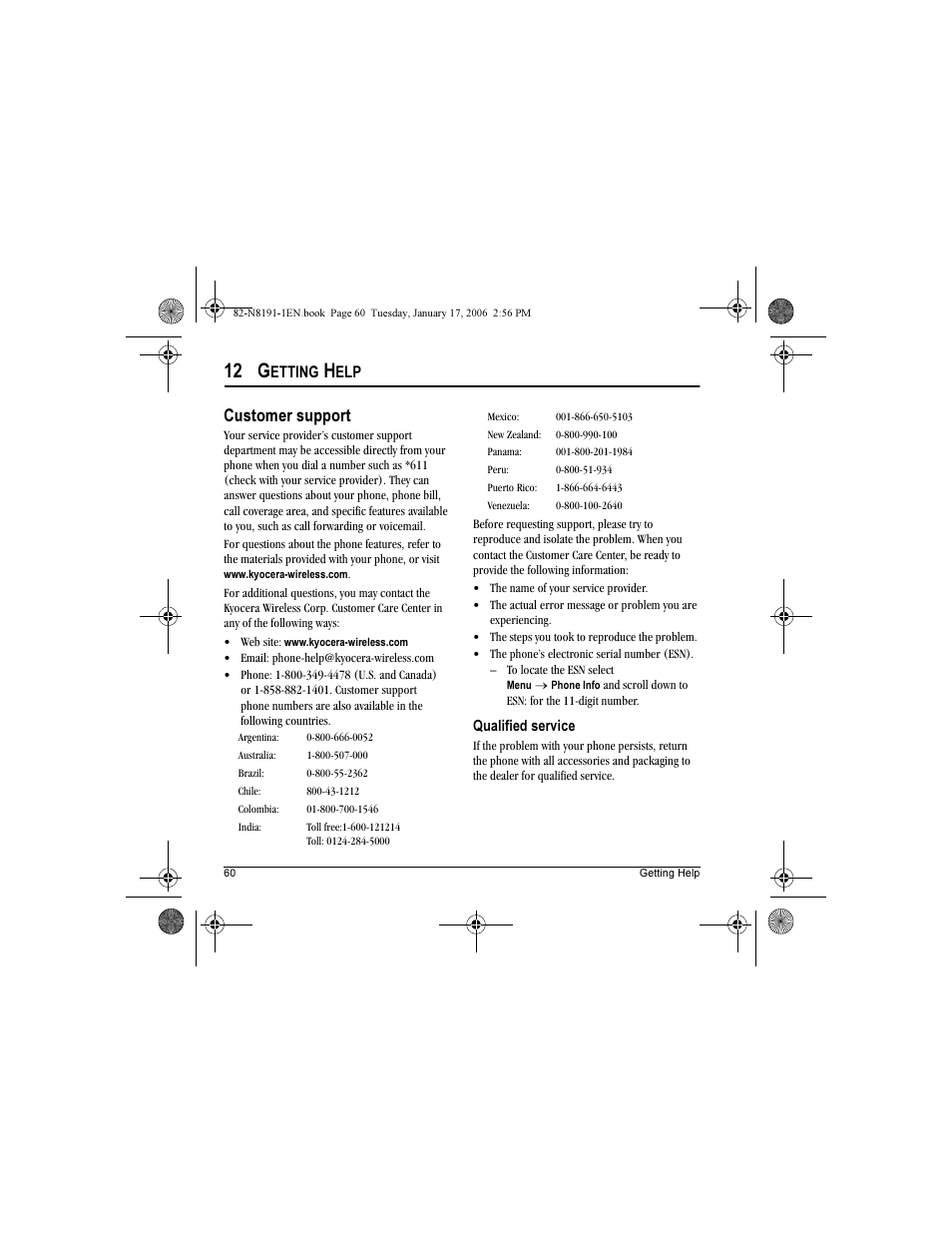 12 g, Customer support, Etting | Kyocera KX12 User Manual | Page 68 / 72