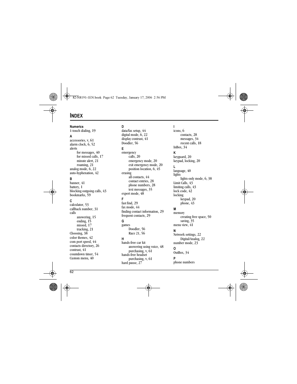 Ndex | Kyocera KX12 User Manual | Page 70 / 72