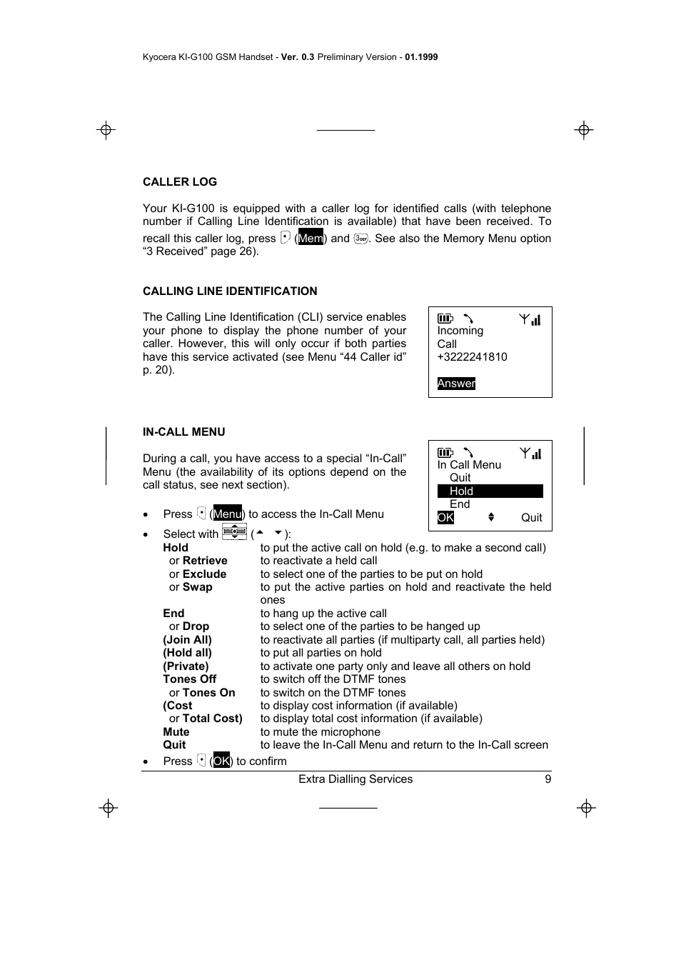 Caller log, Calling line identification, In-call menu | Hold all), Private), Tones off, Or tones on, Cost | Kyocera IRIDIUM KI-G100 User Manual | Page 13 / 43