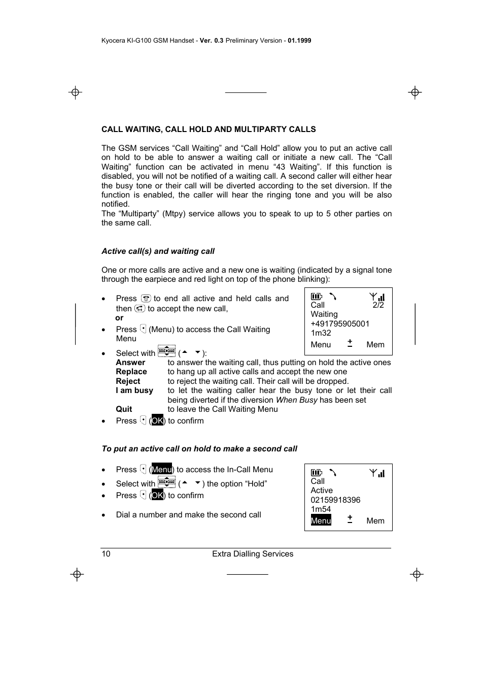 Call waiting, call hold and multiparty calls, Active call(s) and waiting call, Answer | Replace, Reject, I am busy, Quit | Kyocera IRIDIUM KI-G100 User Manual | Page 14 / 43