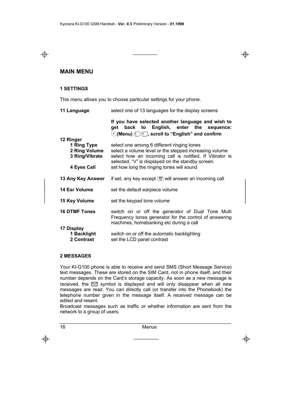 Main menu, 1 settings, 12 ringer | 2 messages, 1 settings 2 messages | Kyocera IRIDIUM KI-G100 User Manual | Page 20 / 43