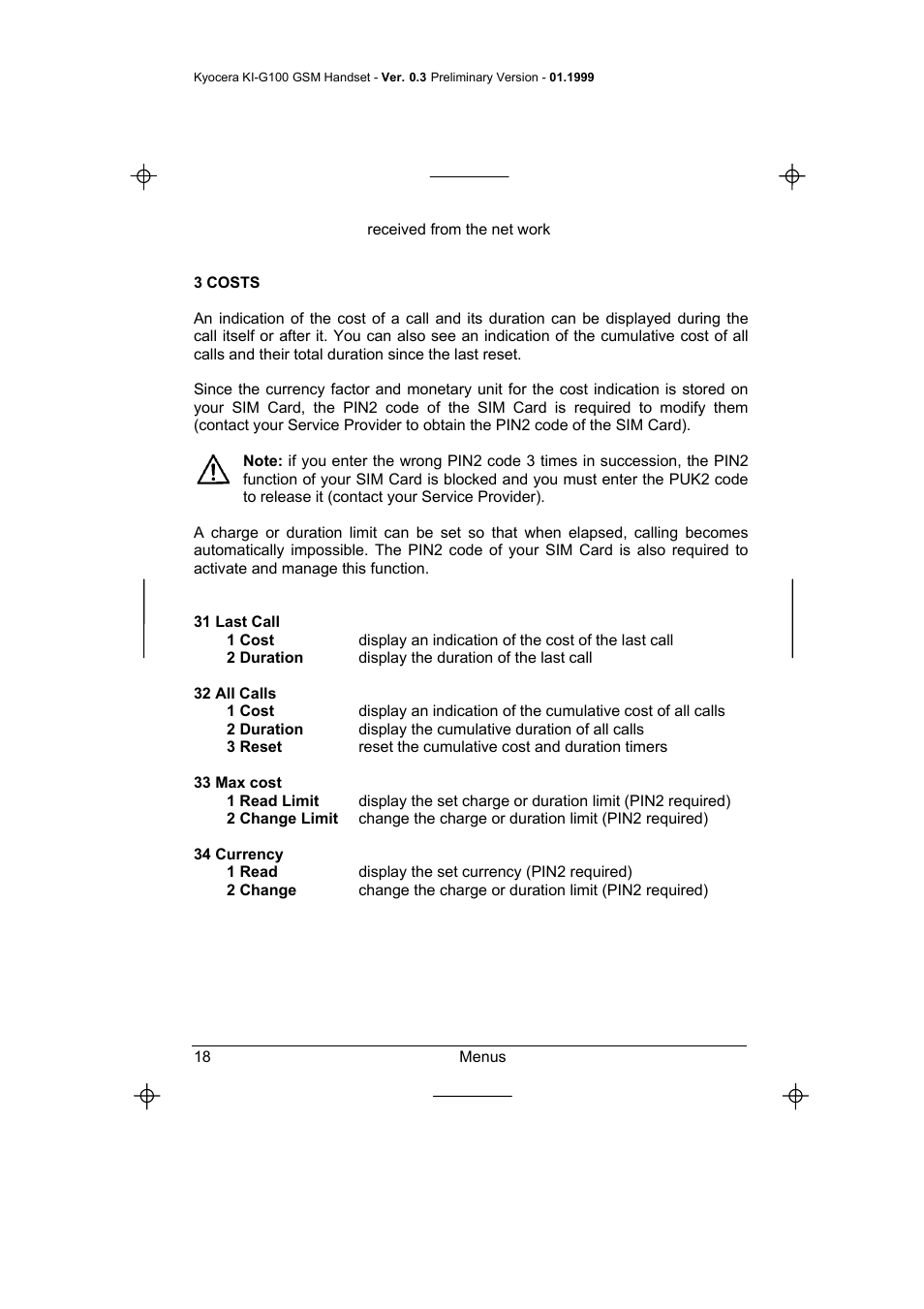 3 costs, 31 last call, 32 all calls | 33 max cost, 34 currency | Kyocera IRIDIUM KI-G100 User Manual | Page 22 / 43
