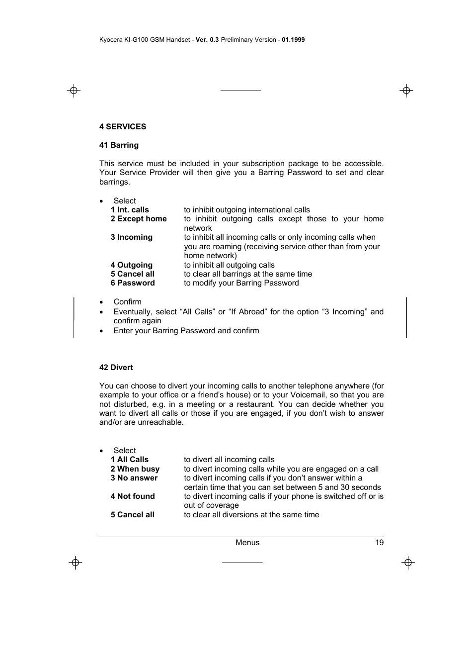 4 services, Select, 42 divert | Kyocera IRIDIUM KI-G100 User Manual | Page 23 / 43