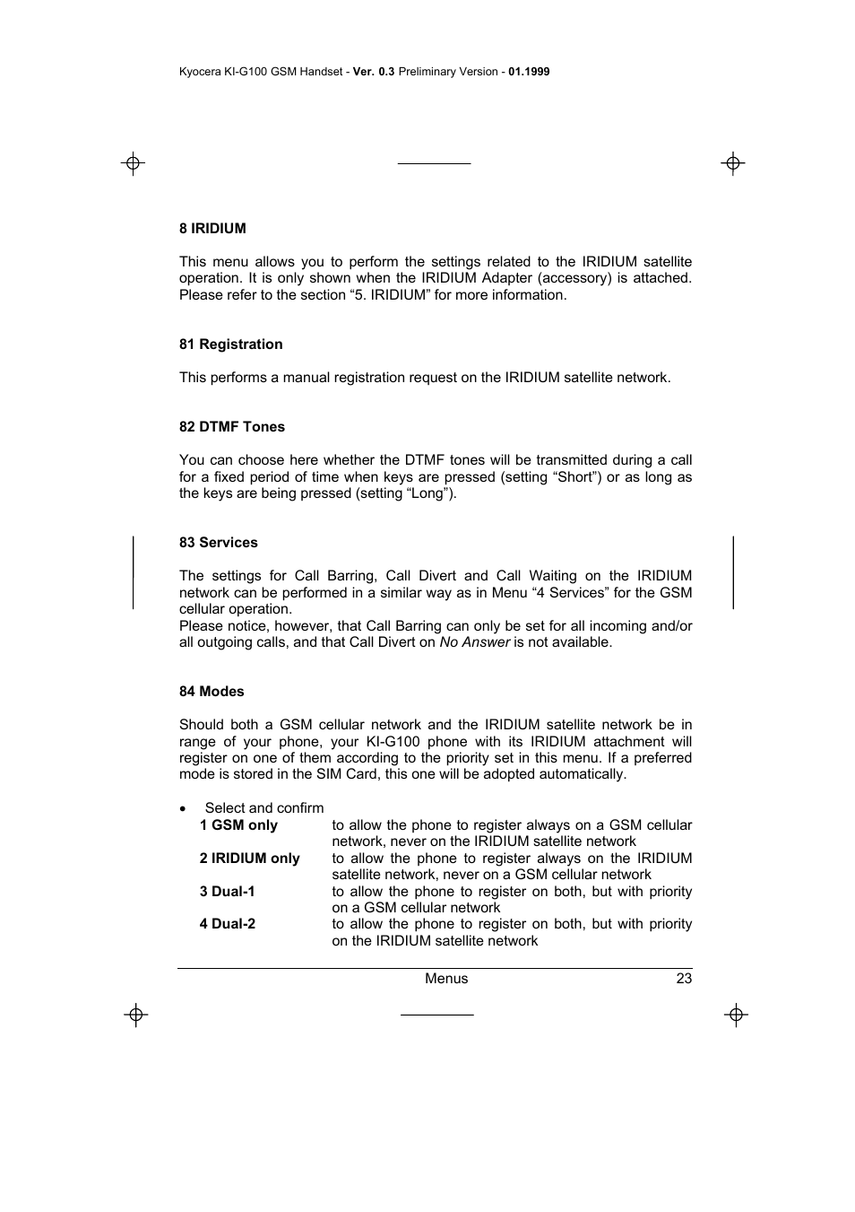 8 iridium, 81 registration, 82 dtmf tones | 83 services, 84 modes, Select and confirm | Kyocera IRIDIUM KI-G100 User Manual | Page 27 / 43