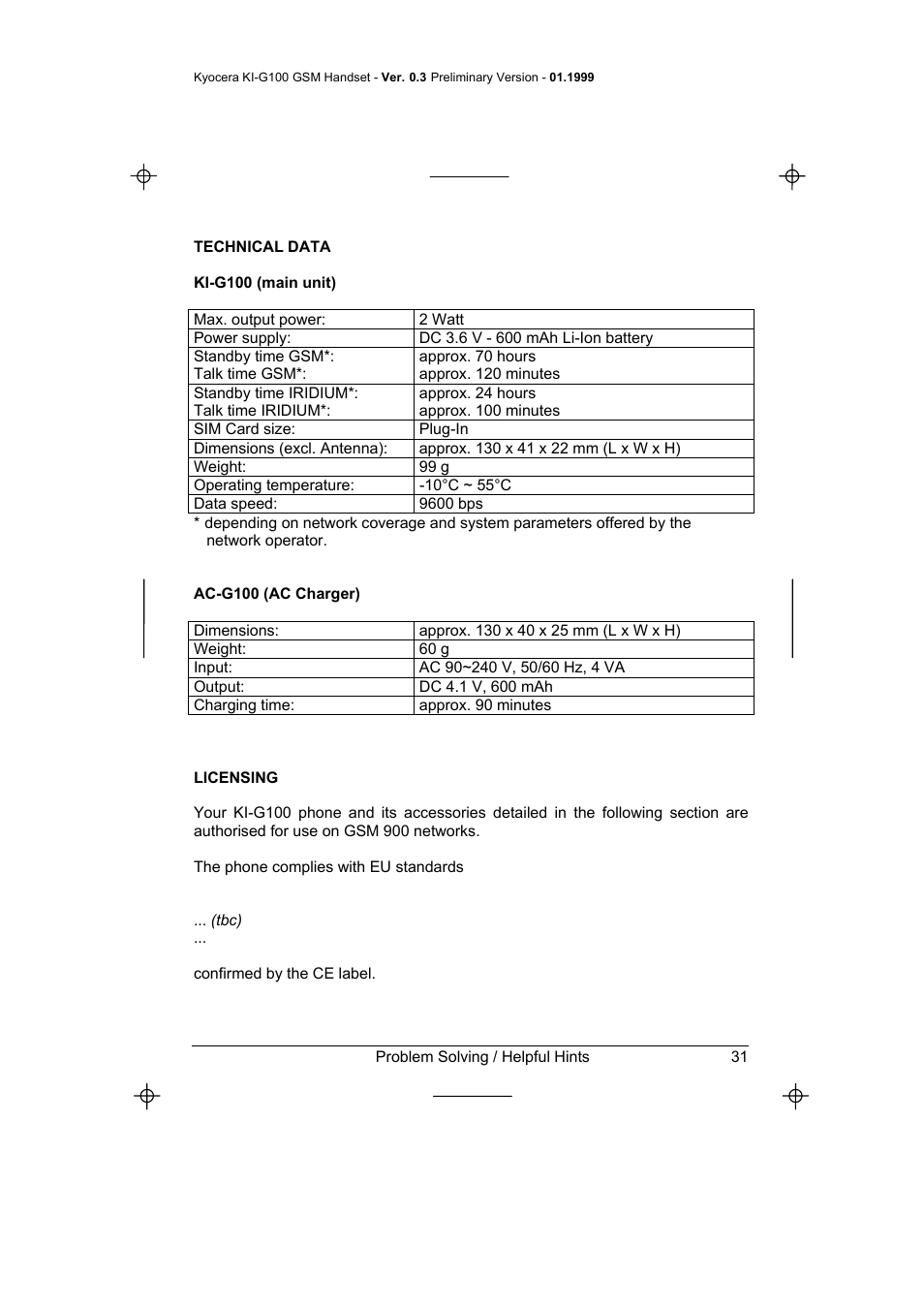 Technical data, Ki-g100 (main unit), Ac-g100 (ac charger) | Licensing | Kyocera IRIDIUM KI-G100 User Manual | Page 35 / 43