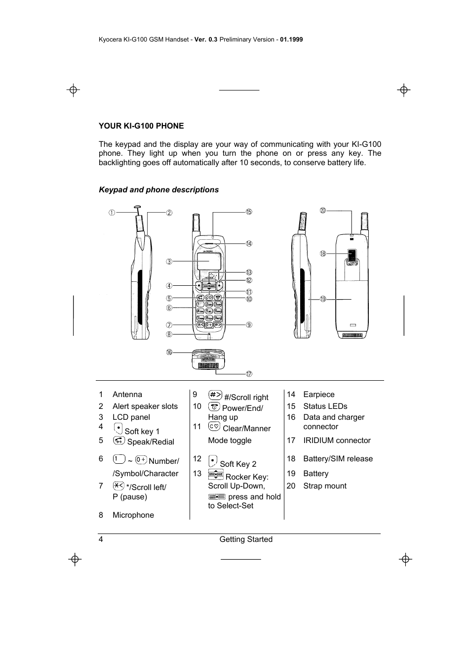 Your ki-g100 phone, Keypad and phone descriptions | Kyocera IRIDIUM KI-G100 User Manual | Page 8 / 43